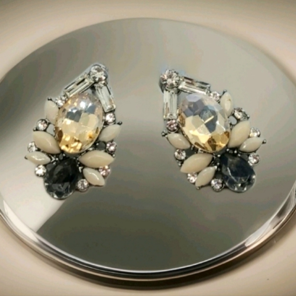 Vintage Art Deco Baquette & Round Crystal Silver Earrings
